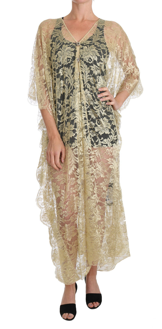 Dolce &amp; Gabbana Goldenes Blumen-Spitzen-Kaftan-Sommerkleid