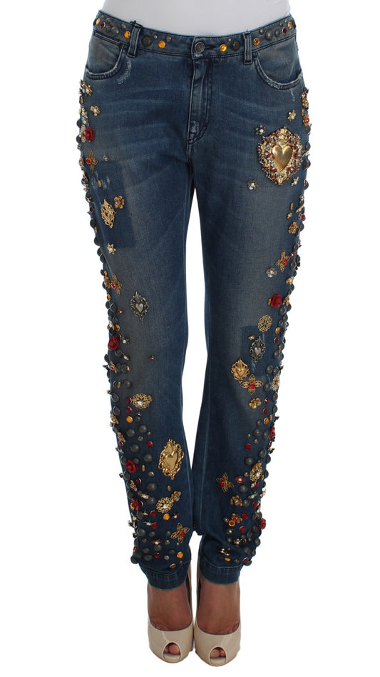 Jeans impreziositi da cuori con rose di cristallo