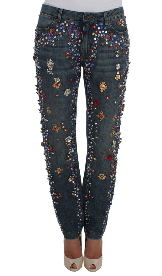 Jeans impreziositi da cuori con rose di cristallo