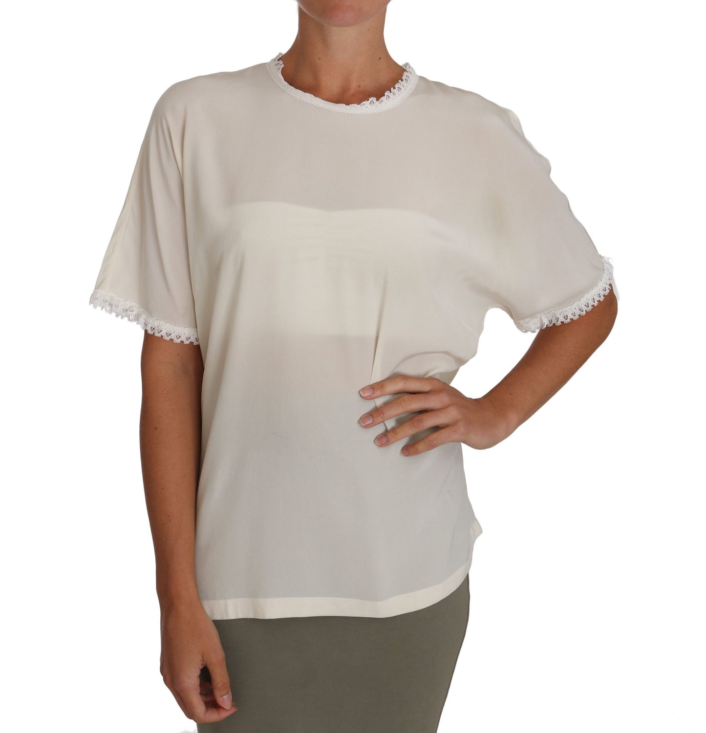 T-shirt con camicetta in pizzo di seta bianca crema