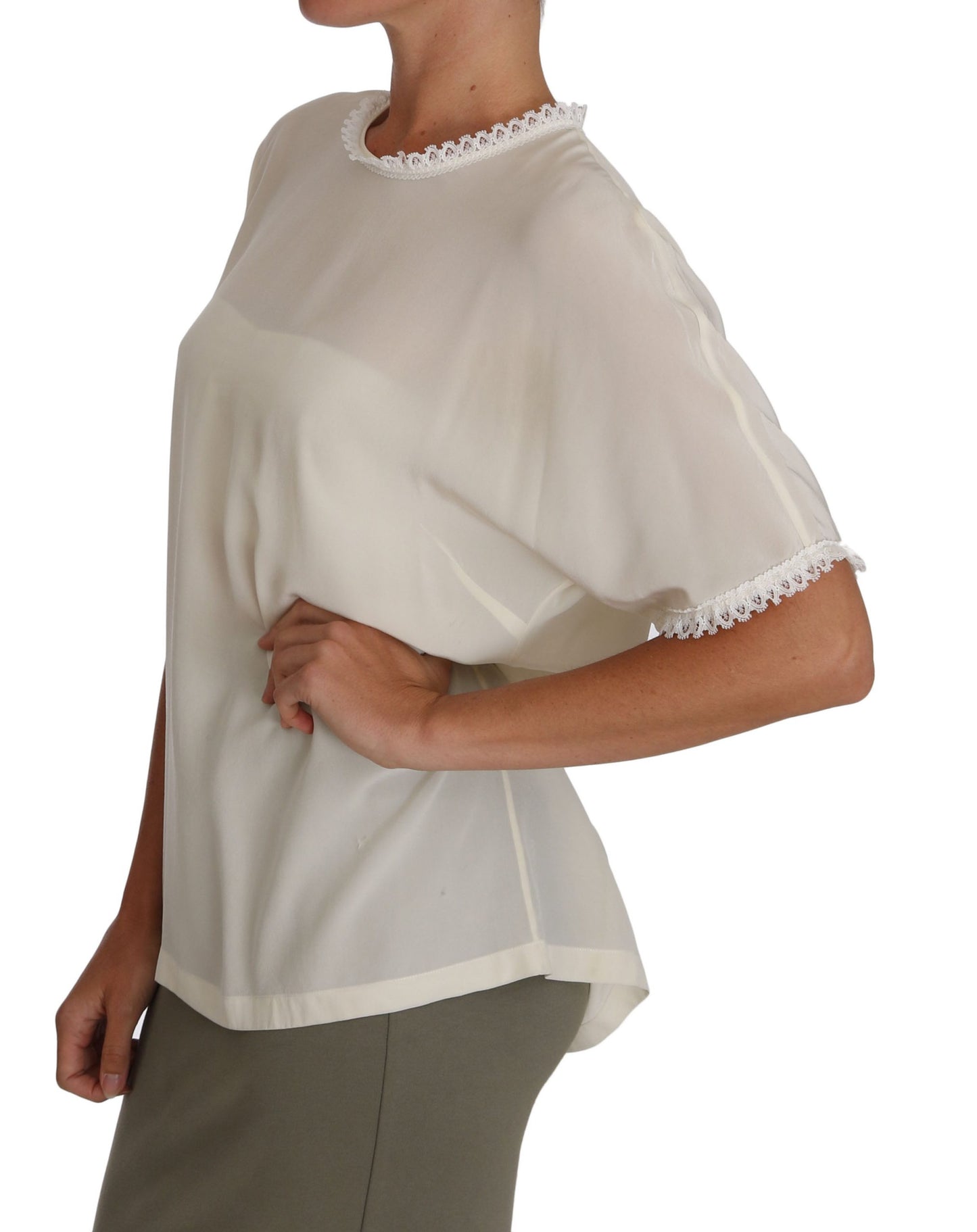 T-shirt con camicetta in pizzo di seta bianca crema