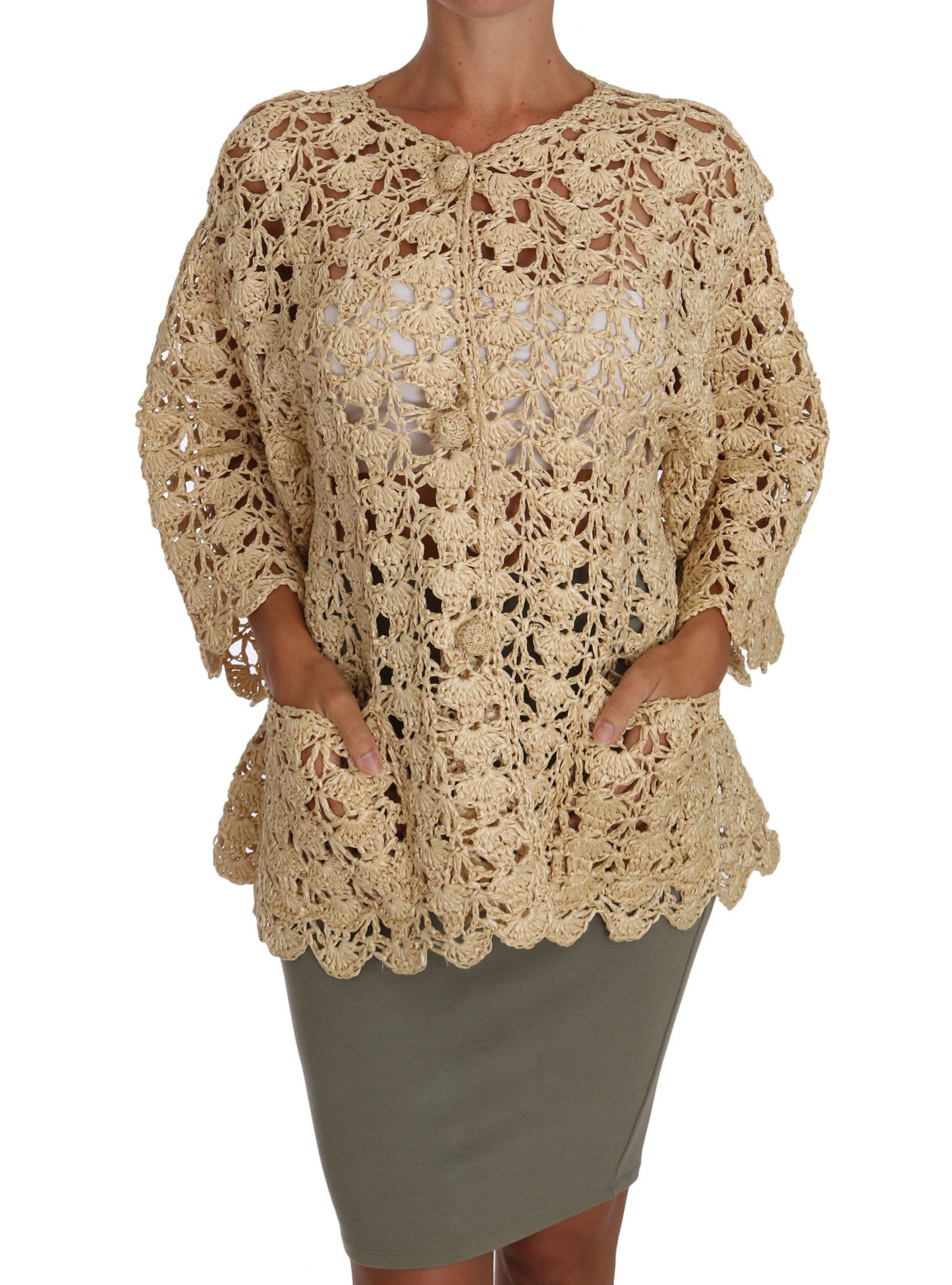 Dolce & Gabbana Chic Beige Crochet Raffia Cardigan