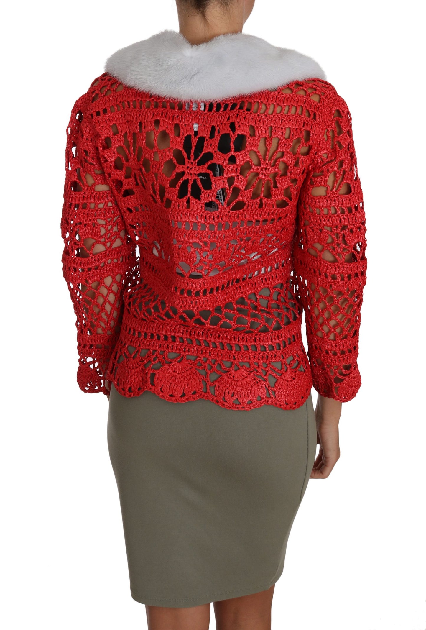 Dolce & Gabbana Elegant Red Crochet Knit Cardigan with Fur Collar