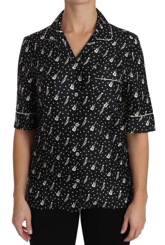 Dolce &amp; Gabbana – Seiden-Poloshirt mit Gitarren- und Trompeten-Print