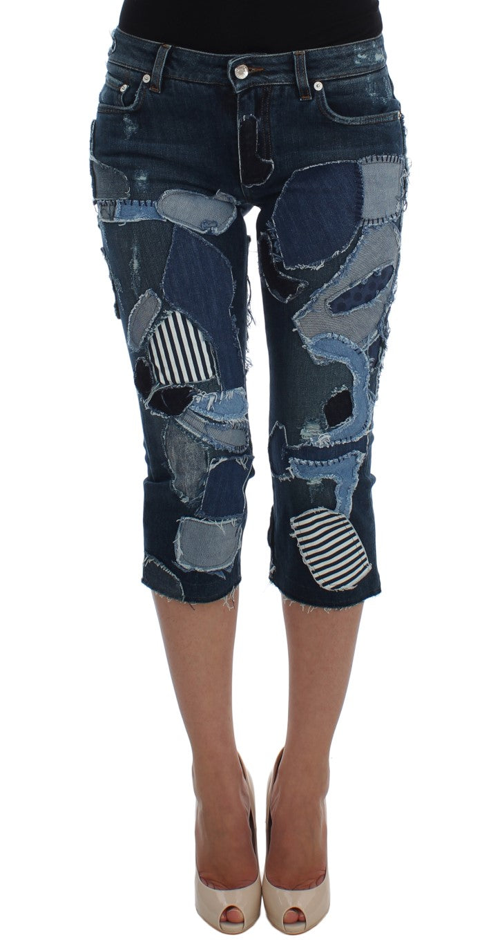 Short en jean stretch bleu patchwork