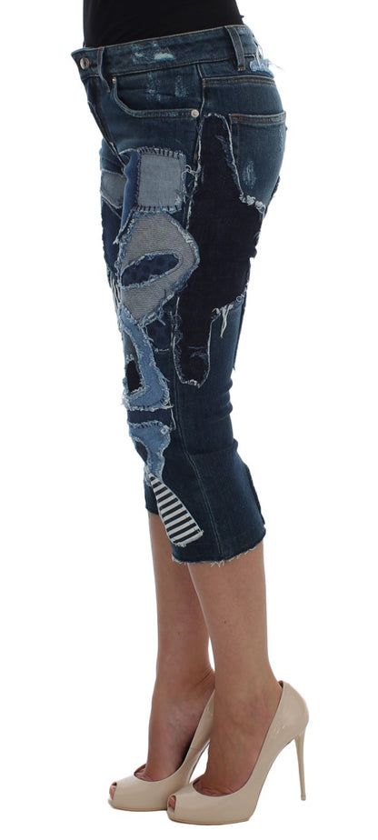 Short en jean stretch bleu patchwork