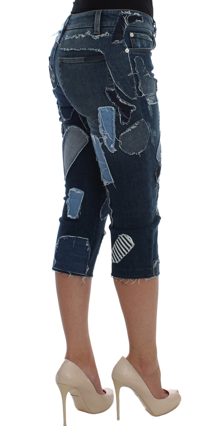 Short en jean stretch bleu patchwork