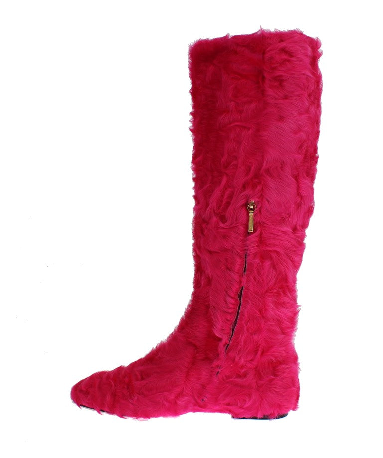 Bottes plates en cuir et fourrure d'agneau roses