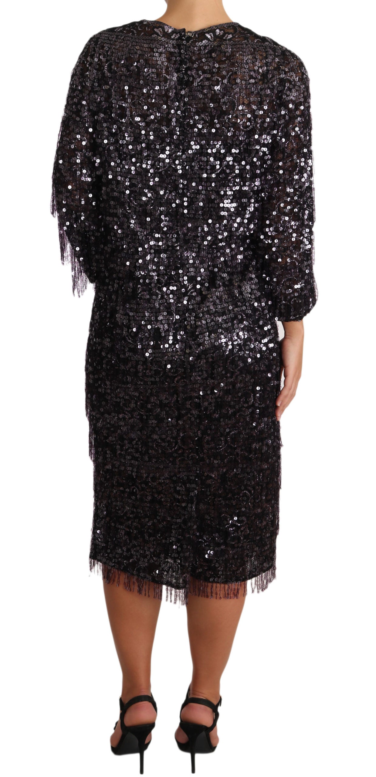 Robe mi-longue droite noire à paillettes et manches longues