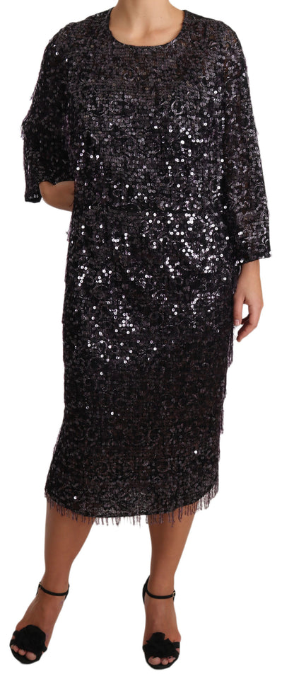 Robe mi-longue droite noire à paillettes et manches longues