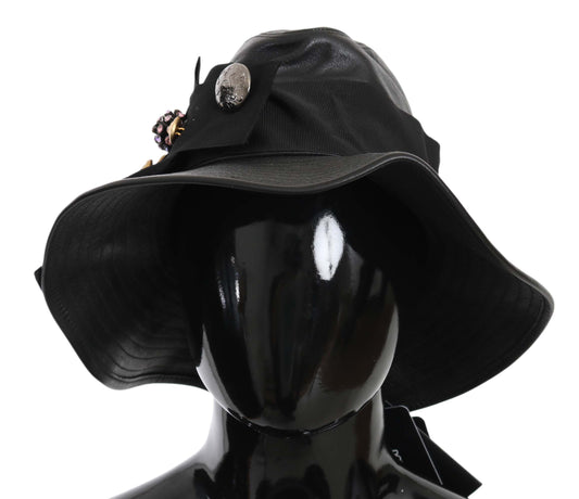 Chapeau à large bord en cuir noir DG Coin Crystal