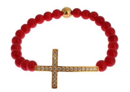 Bracelet en argent 925 avec croix en or et corail rouge