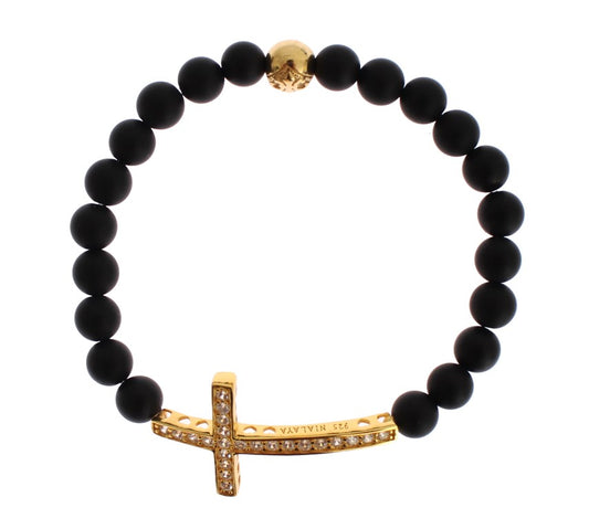 Nialaya Chic Matte Onyx Bead & CZ Diamond Cross Bracelet