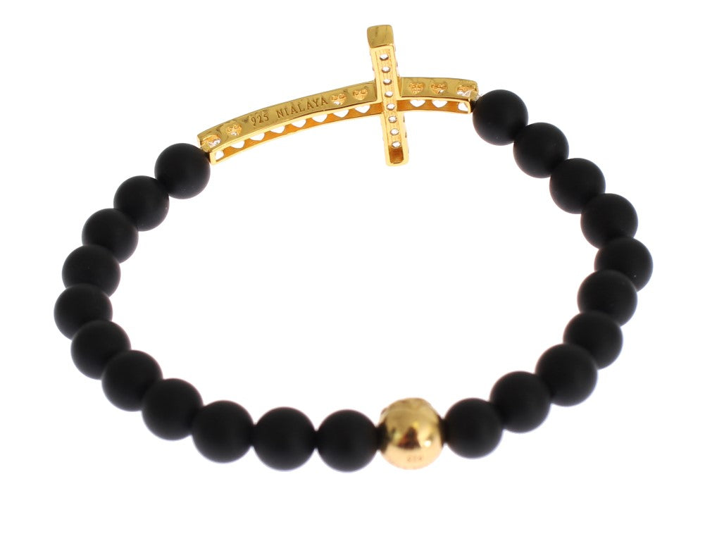 Mattes Onyx-Stein-Gold-CZ-Kreuz-Armband aus 925er-Silber