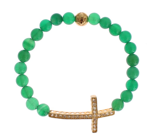 Jade Stein Gold CZ Kreuz 925 Silber Armband